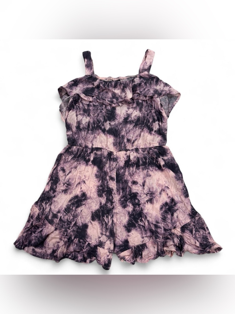 Art Class purple and pink tie-dye romper with ruffle detailing
